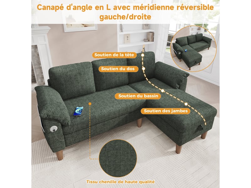  Canapé d'angle en l canapé 3 places canapé modulable en chenille avec méridienne coffre réversible ports usb poches latérales, vert  - Conforama R