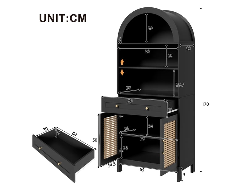 Vitrine meuble de rangement en mdf 70x40x170 cm avec portes en rotin, étagères ouvertes, tiroir et placard fermé - noir et bois - Conforama C