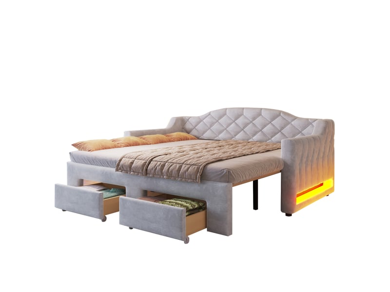  Modenvie lit gigogne 90x200 cm - extensible 180x200, 2 tiroirs, led 7 couleurs - usage quotidien - gris  - Conforama A
