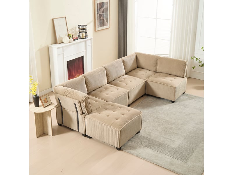  Canapé modulable 6 places 308x154x82 cm, châssis en bois et en métal, revêtement velours côtelé, poches de rangement, convertible en u, kaki  - Conforama E
