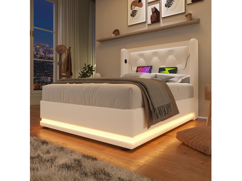 Modenvie lit coffre 90x200 cm - led 3 faces, usb-c et rangement hydraulique - matelas inclus - blanc  - Conforama D