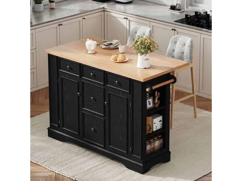 Îlot de cuisine 130,5x40-65x92 cm, plan rabattable, prises, desserte, 5 tiroirs, rangement, meuble cuisine, mdf noir - Conforama B