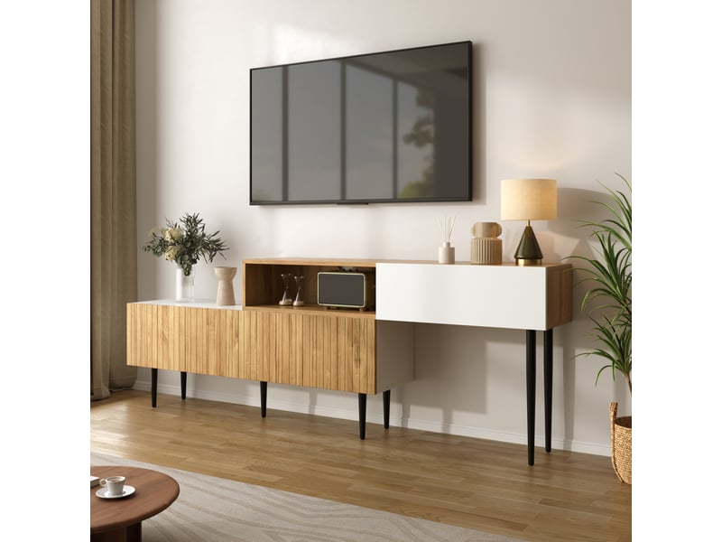  Meuble tv modulable extensible bois et blanc mat avec pieds métal noir 120-240cm  - Conforama R