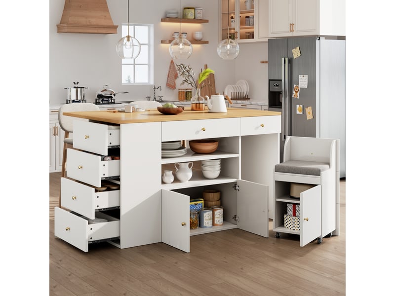 Îlot de cuisine 140x40(70)x89 cm en mdf avec rangement et tabouret blanc chicfurn - Conforama E