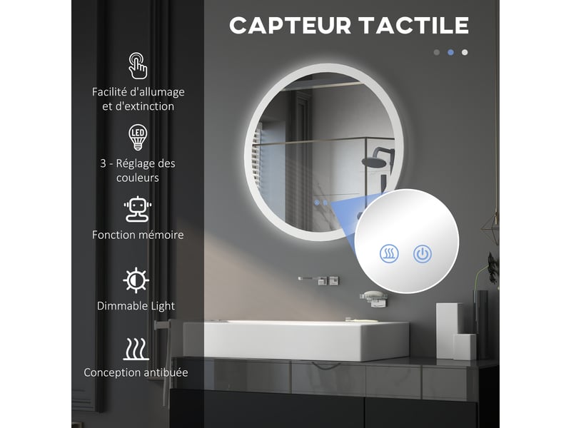 Miroir rond lumineux led de salle de bain ø 70 cm mural éclairage interrupteur tactile système antibuée 35w blanc argent - Conforama D
