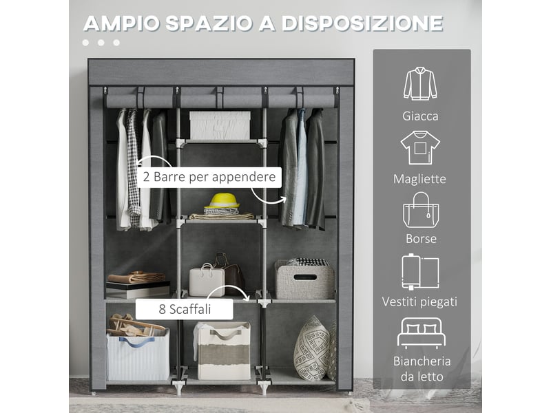  Armoire en tissu avec base surélevée, 8 étagères et 2 tringles, rangement gain de place en tissu non tissé, polypropylène et acier, pour chambre  - Conforama E