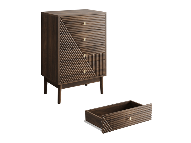  Commode 4 tiroirs 60 x 40 x 90 cm avec panneaux ondulés, boutons en métal doré, noyer foncé  - Conforama A