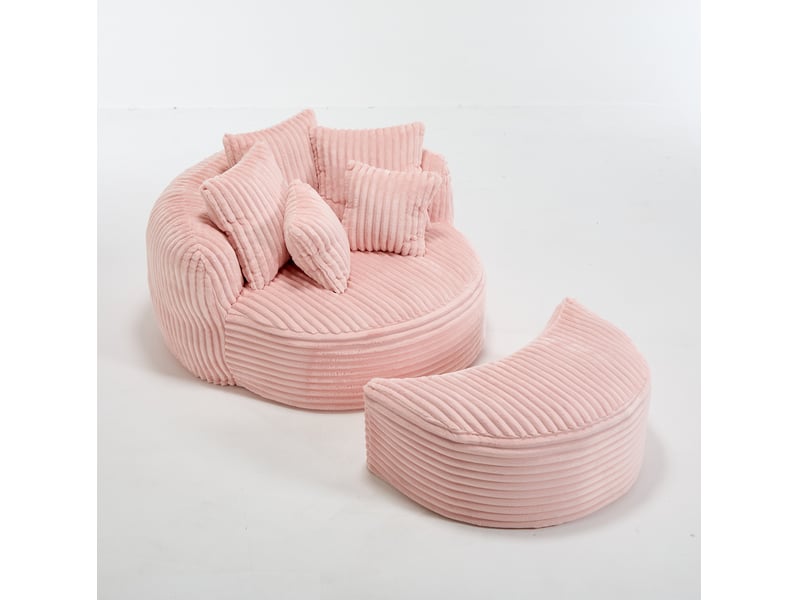  Canapé 2 places modenvie rond avec pouf, velours côtelé rose, 5 coussins, 168 x 123 x 63 cm  - Conforama A