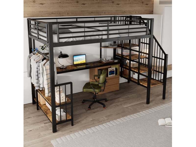  Lit mezzanine 120x200 cm escalier latéral main-courante prise intégrée métal et bois noir et noyer foncé sans matelas  - Conforama B