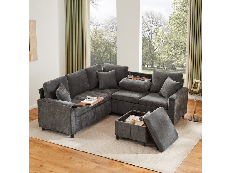  Canapé d'angle, canapé convertible – en chenille, port usb, 205×205×85cm, avec pouf, porte-gobelets, gris  - Conforama A