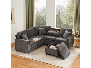 Canapé d'angle, avec couchage d'appoint, avec porte-gobelets, avec ports usb, en tissu chenille, coloris gris, l205 x p205 x h85 cm