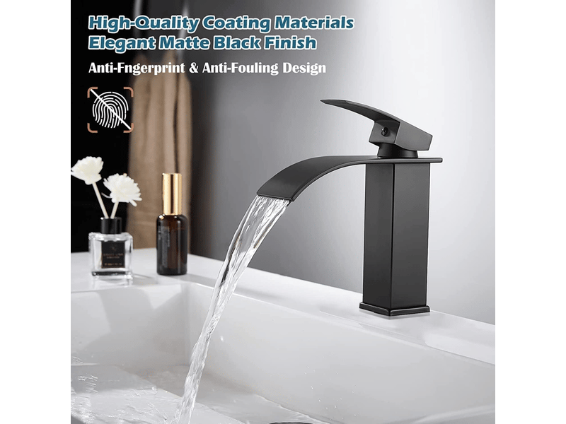  Robinet de lavabo cascade noir, montage sur pont, mélangeur eau chaude et froide, poignée unique, trou unique, noyau en aluminium  - Conforama B