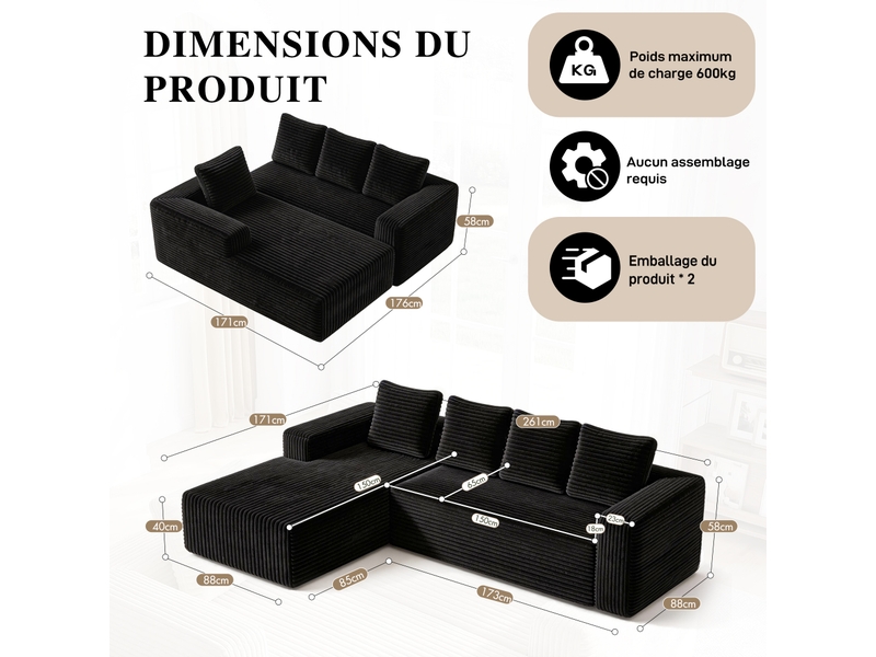  Canapé d'angle noir 2 places en tissu côtelé, structure modulable 2 pièces avec led intégrée  - Conforama C