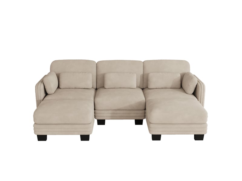 Canapé modulaire en u 3 places 253x143x88 cm avec 2 poufs, confort multicouche, montage facile, chenille café clair - Conforama A
