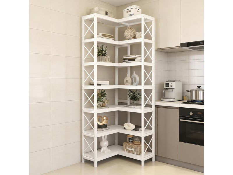  Bibliothèque d'angle 7 niveaux 14 compartiments métal et bois blanc 61x60.5x202 cm T5828P485743 - Conforama B