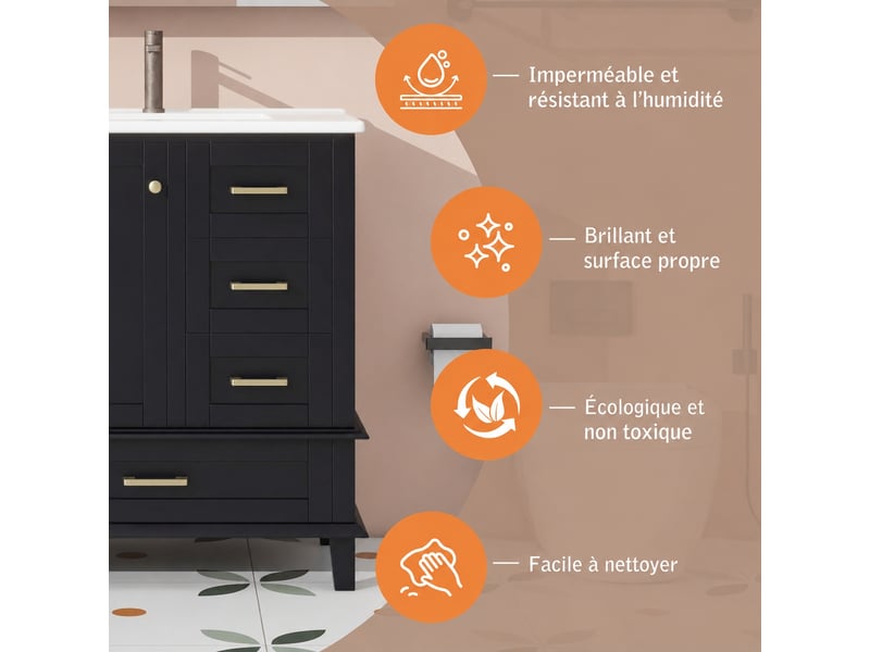  Meuble vasque noir 76 cm avec vasque en céramique intégrée, 3 tiroirs et 1 porte  - Conforama D