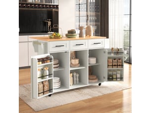 Desserte de cuisine 139x46(71)x91,5 cm blanche, plateau pliant, 3 tiroirs et rangement sur roulettes