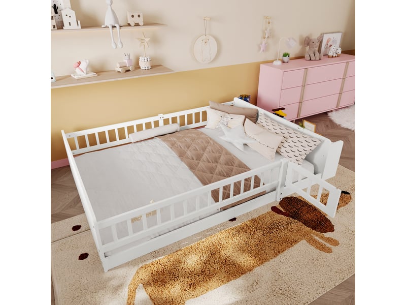 Lit enfant 140 x 190 cm, cadre de lit avec rangement, étagères ouvertes, 2 places, structure multifonction, bois massif, blanc Morn Vibe - Conforama E