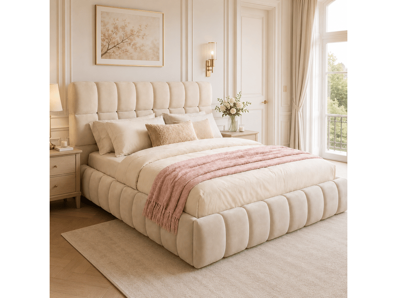  Lit double 140x190 cm pour adolescents, polaire avec tête de lit douce et bordure rembourrée, revêtement en velours, beige Bubbly - Conforama E