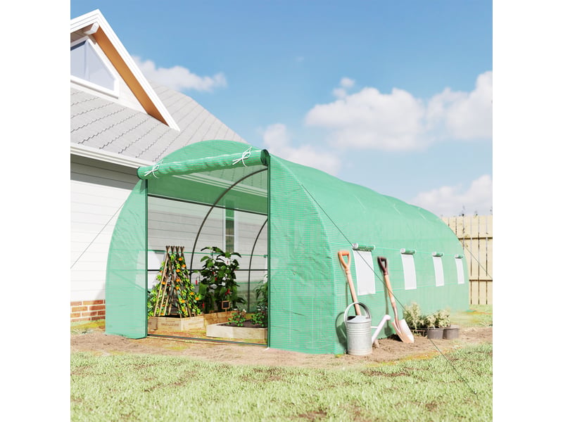  Serre tunnel avec porte enroulable et 8 fenêtres, serre de jardin avec couverture en pe et structure en acier, 6 x 3 x 2 m, verte  - Conforama D