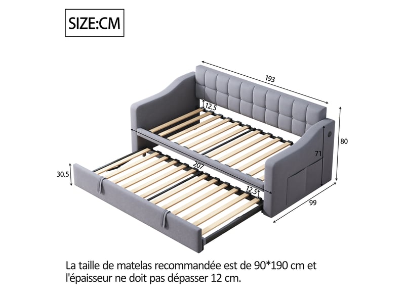  Canapé-lit 2 en 1 gris velours 90x180 – prise intégrée et poche de rangement, design chic  - Conforama C