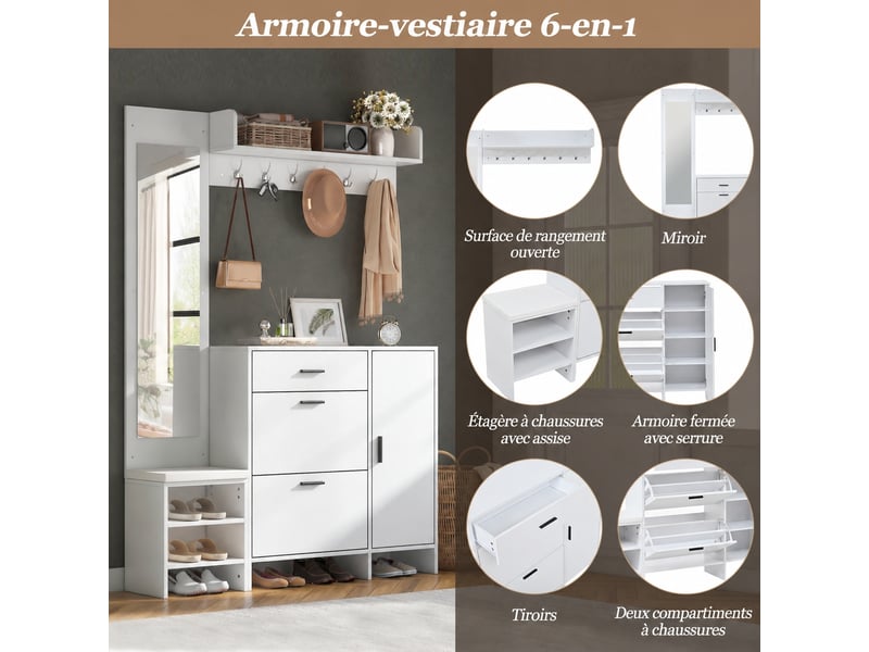  Meuble d'entrée avec banc à chaussures et miroir, 6 patères, 140 x 30 x 200 cm, blanc  - Conforama D