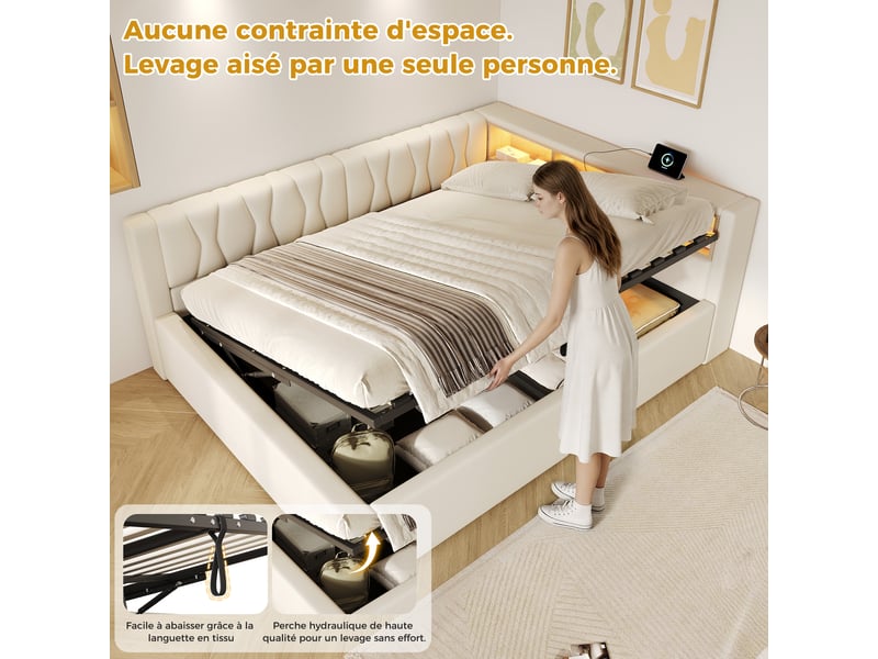  Lit banquette coffre 140x200 cm - avec de rangement hydraulique, éclairage led dimmable, tête de lit étagère et prises usb, beige evarich - Conforama D
