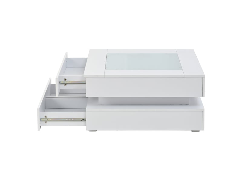 Table basse blanche avec led et 3 tiroirs, table basse carrée 70x70 cm, plateau en verre trempé et bois brillant, blanc. - Conforama W