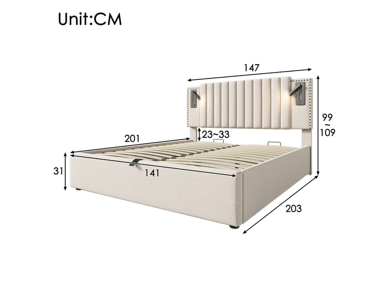 Lit double 140 x 200 cm avec rangement, tête de lit réglable, liseuses et ports usb, beige  - Conforama C