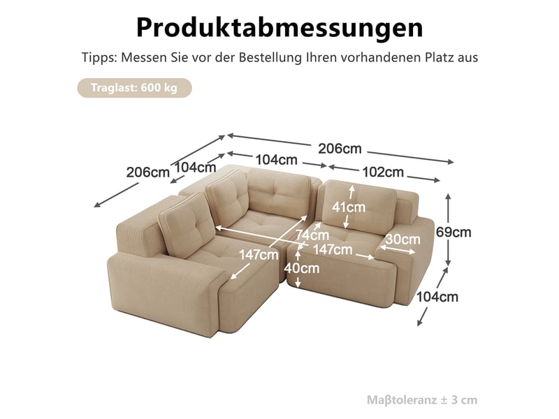  Canapé d’angle modulable profond velours côtelé beige – 249 x 249 x 69 cm Fay Lum - Conforama C