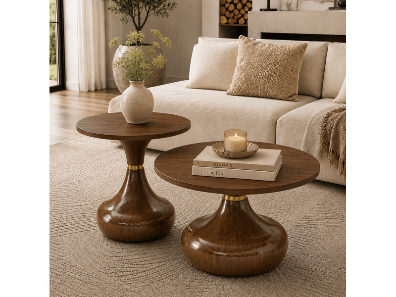 Tables basses rondes en lot de 2 avec plateaux mélaminés, socles courbes et détail doré, en mdf et métal noyer - Conforama D