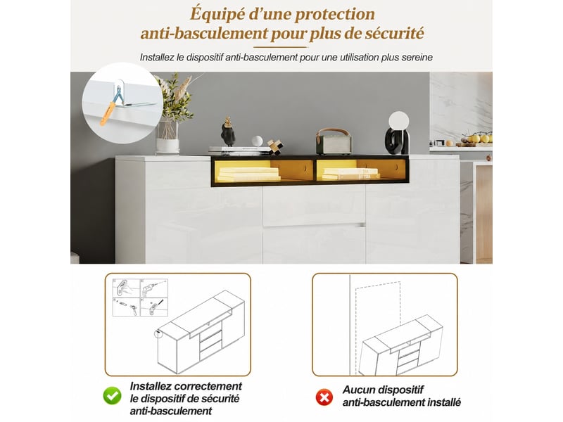  Buffet 140 cm brillant 2 portes 3 tiroirs, meuble de rangement avec led, buffet de salon blanc et noir  - Conforama R