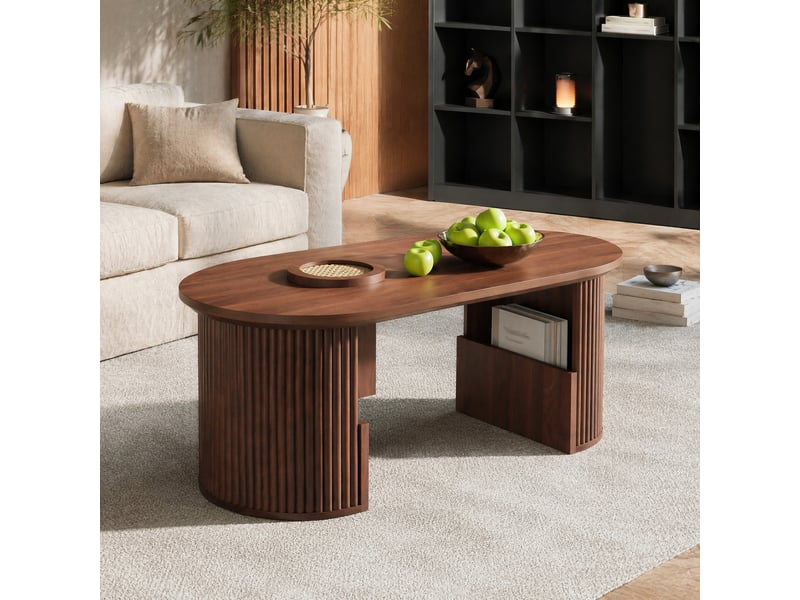 Table basse ovale 105x50x46,5 cm en mdf coloris noyer avec rangements - Conforama B