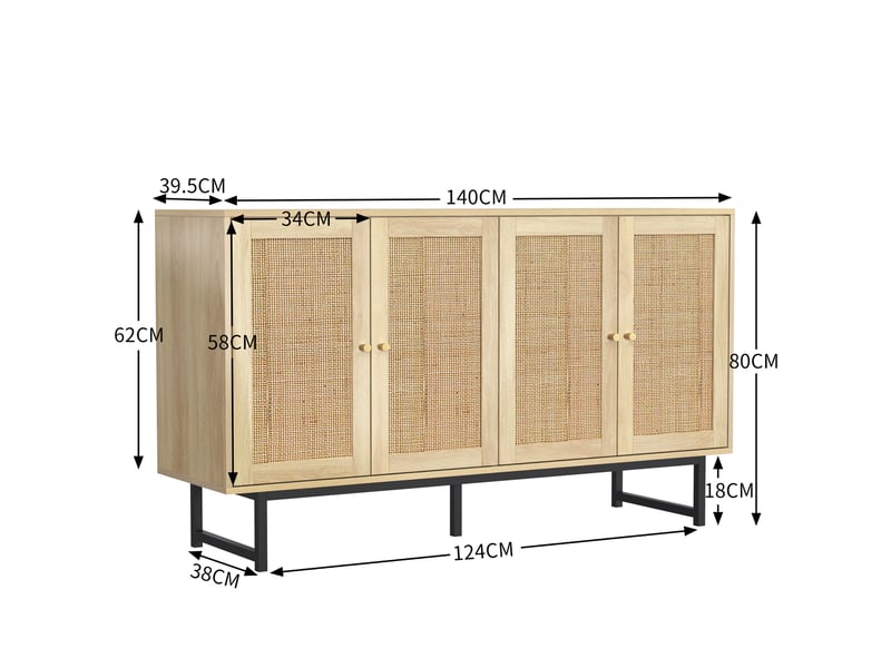  Buffet 4 portes en cannage de rotin 140x39,5x80 cm effet bois  - Conforama E