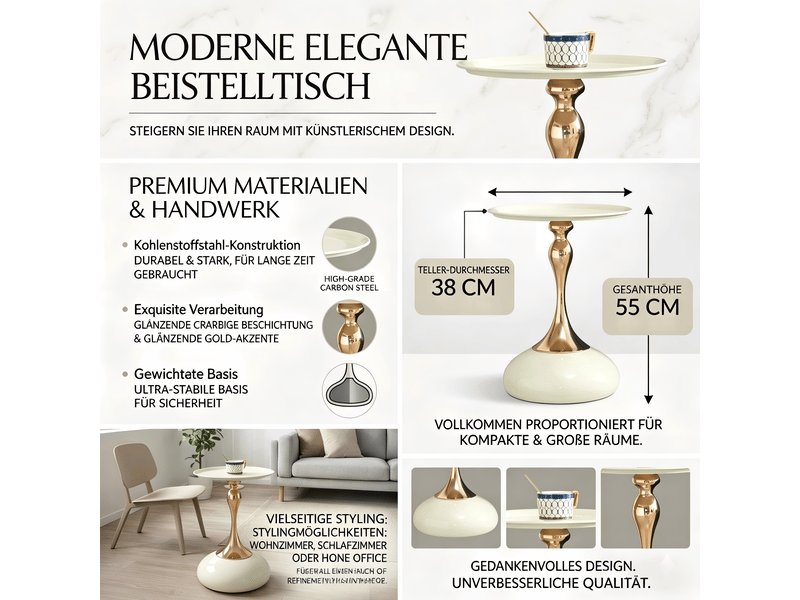  Table d'appoint ronde - blanc+or - acier au carbone - 38x38x54 cm - 2.7 kg - plateau et base en métal 38x38x54cm - Conforama E