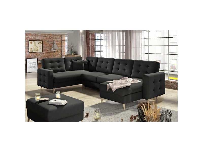 Canapé d'angle panoramique convertible hasgard u 326 cm noir avec coffre  - Conforama B