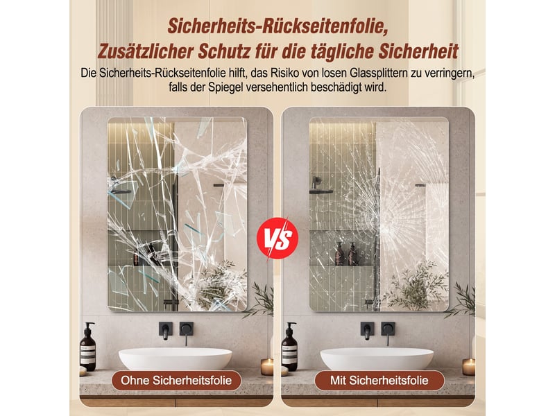  Miroir salle de bain 60x80 cm, miroir mural sans cadre hd avec bords arrondis r50 et film anti-explosion, installation horizontale ou verticale.  - Conforama R