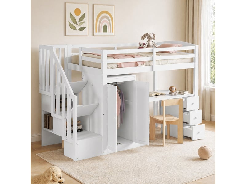 Lit mezzanine 200×90 cm avec bureau, armoire, 3 tiroirs et escalier de rangement, sans matelas, blanc - Conforama B