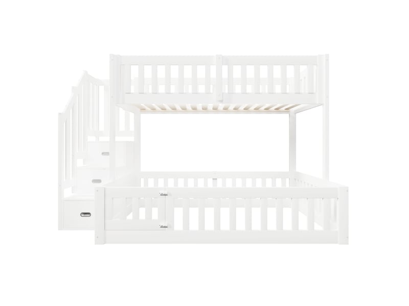 Lit superposé bas 90x200+140x200 cm, escalier rangement, 3 marches barrières, pin mdf blanc sans matelas  - Conforama A