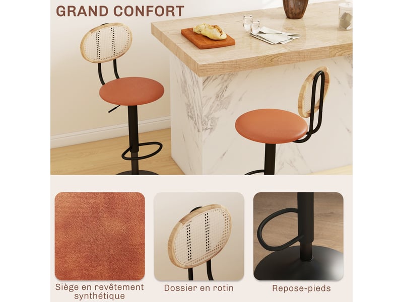  Lot de 2 tabourets de bar – dossier en rotin – réglables  - Conforama E