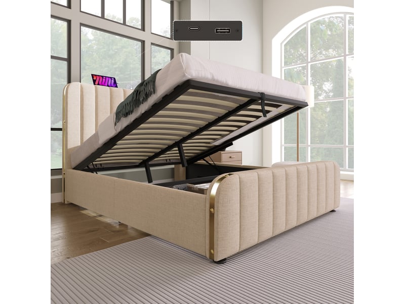  Lit adulte 140x200 cm 2 places avec lit coffre, tête de lit, sommier et rangement, revêtement lin beige, sans matelas  - Conforama E
