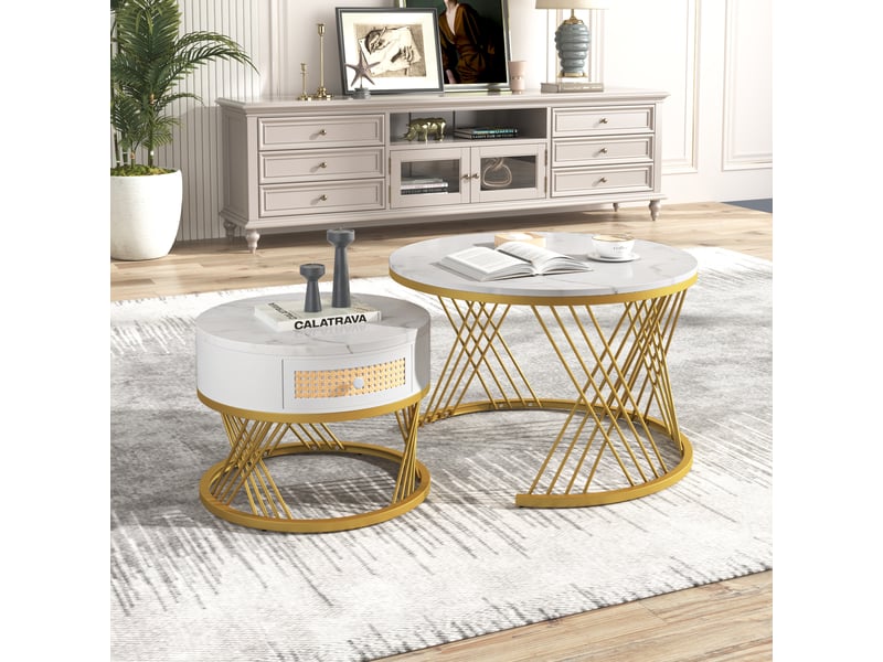  Tables basses - tables gigognes rondes lot de 2, mdf imitation marbre, pieds métal solides, design moderne pour salon - blanc et doré  - Conforama C