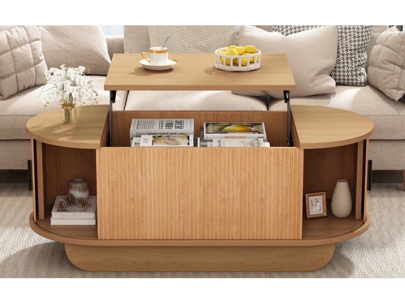  Table basse ovale avec plateau relevable et rangement à rideaux latéraux, mdf coloris bois, 110 x 50 x 42 cm  - Conforama D