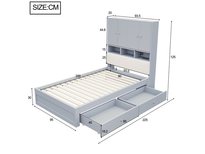  Lit simple 90 × 200 cm avec tête de lit rembourrée, led, prise, rangement et 2 tiroirs, sans matelas, gris  - Conforama E