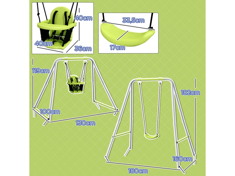  Balançoire portique balançoire 2 en 1 pour bébé ceinture de sécurité à 5 points intérieure extérieure vert  - Conforama C