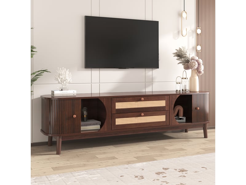  Meuble tv rotin naturel 170 cm avec portes et tiroirs, meuble tv bois massif style campagne, charge 50kg  - Conforama R