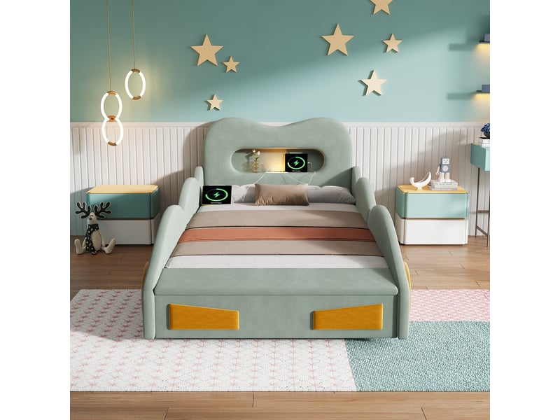  Lit rembourré pour enfants 90x200cm - design automobile - avec liseuses, ports de charge et espaces de rangement - tissu velours - vert (sans matelas)  - Conforama D