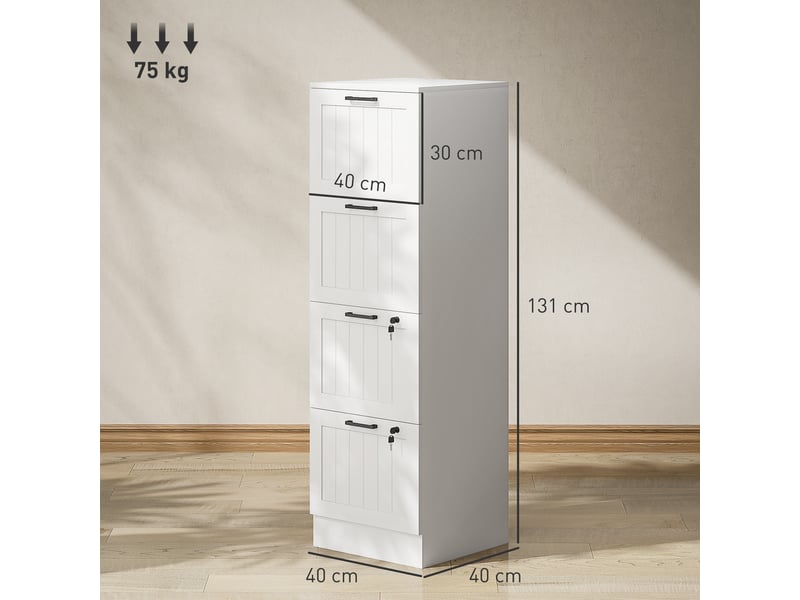  Caisson bureau, meuble rangement bois 4 tiroirs et serrure, barres de suspension réglables, blanc, 40 x 40 x 131 cm  - Conforama C