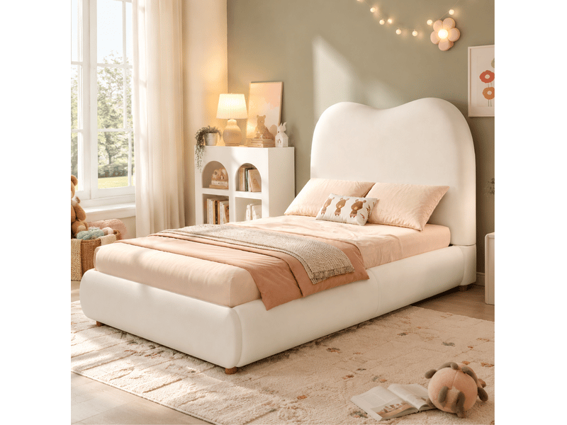  Lit enfant 90 × 200 cm 1 place avec coffre hydraulique, sans matelas, tête de lit rembourrée, velours beige  - Conforama C