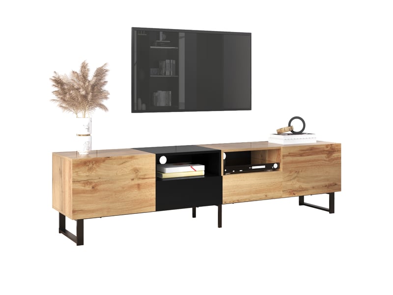  Meuble tv noir et bois, grand espace de rangement, structure robuste, design moderne pour salon  - Conforama E